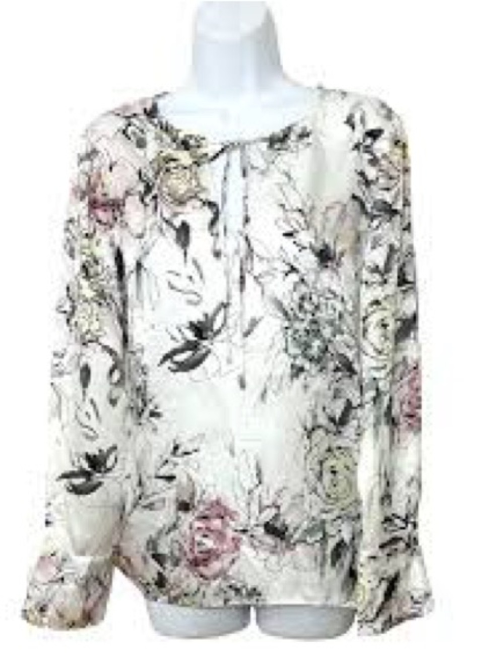 100% silk White House Black Market Cream Floral Tie-Front Long Sleeve Blouse1081